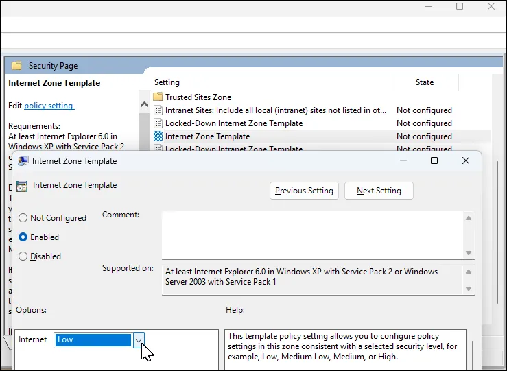 Cài đặt chính sách Internet Zone Template mở trong Group Policy Editor