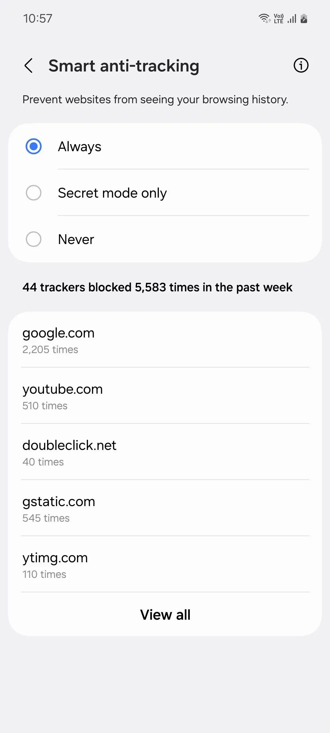 Cài đặt chống theo dõi thông minh trên Samsung Internet hiển thị tùy chọn chặn