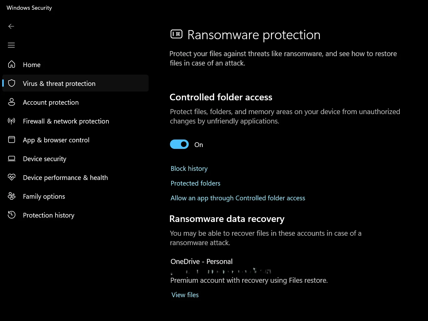 Cài đặt 'Controlled folder access' đã được bật trong Windows Security để chống ransomware hiệu quả.