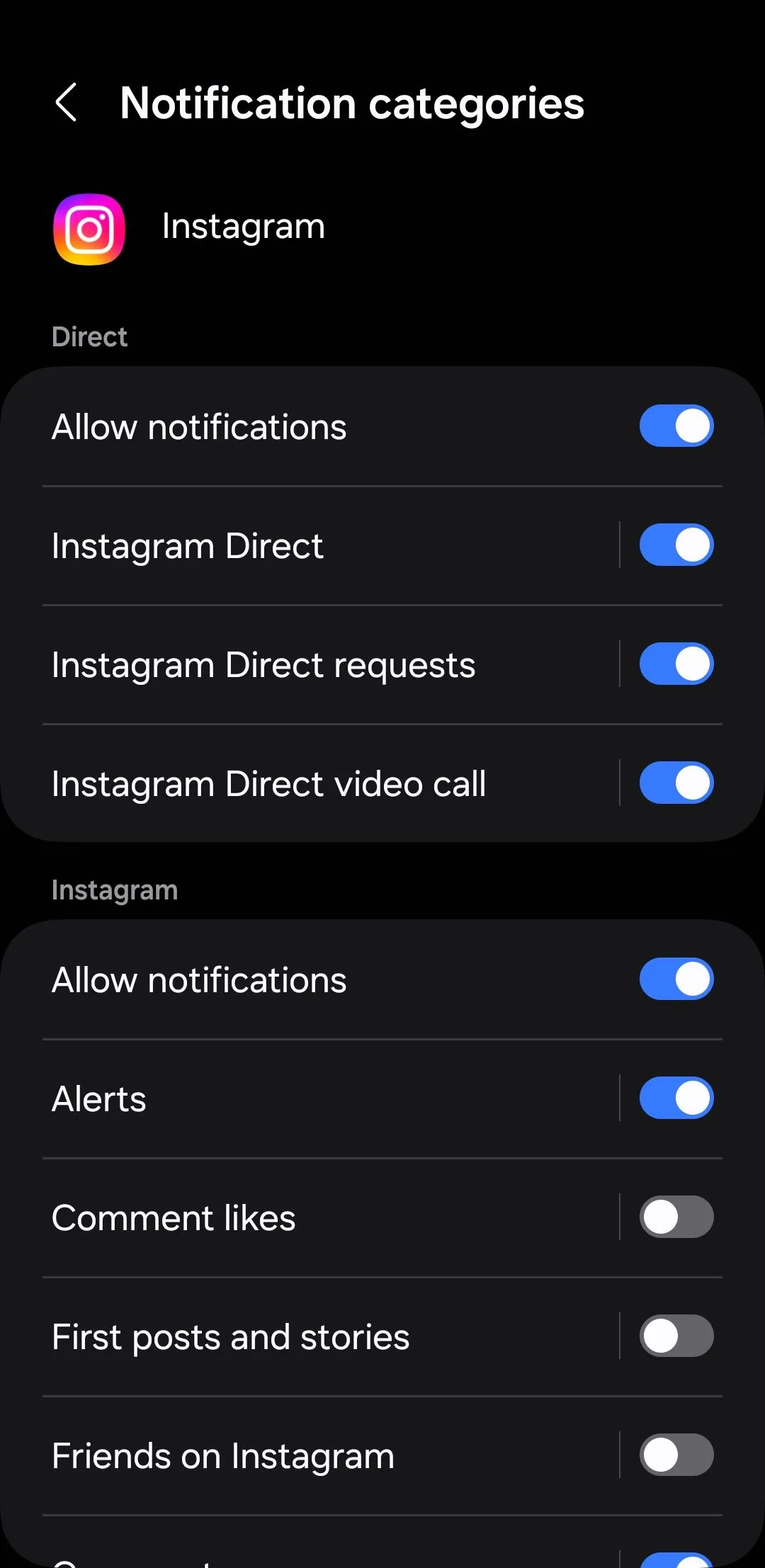 Cài đặt danh mục thông báo cho ứng dụng Instagram trên điện thoại Android