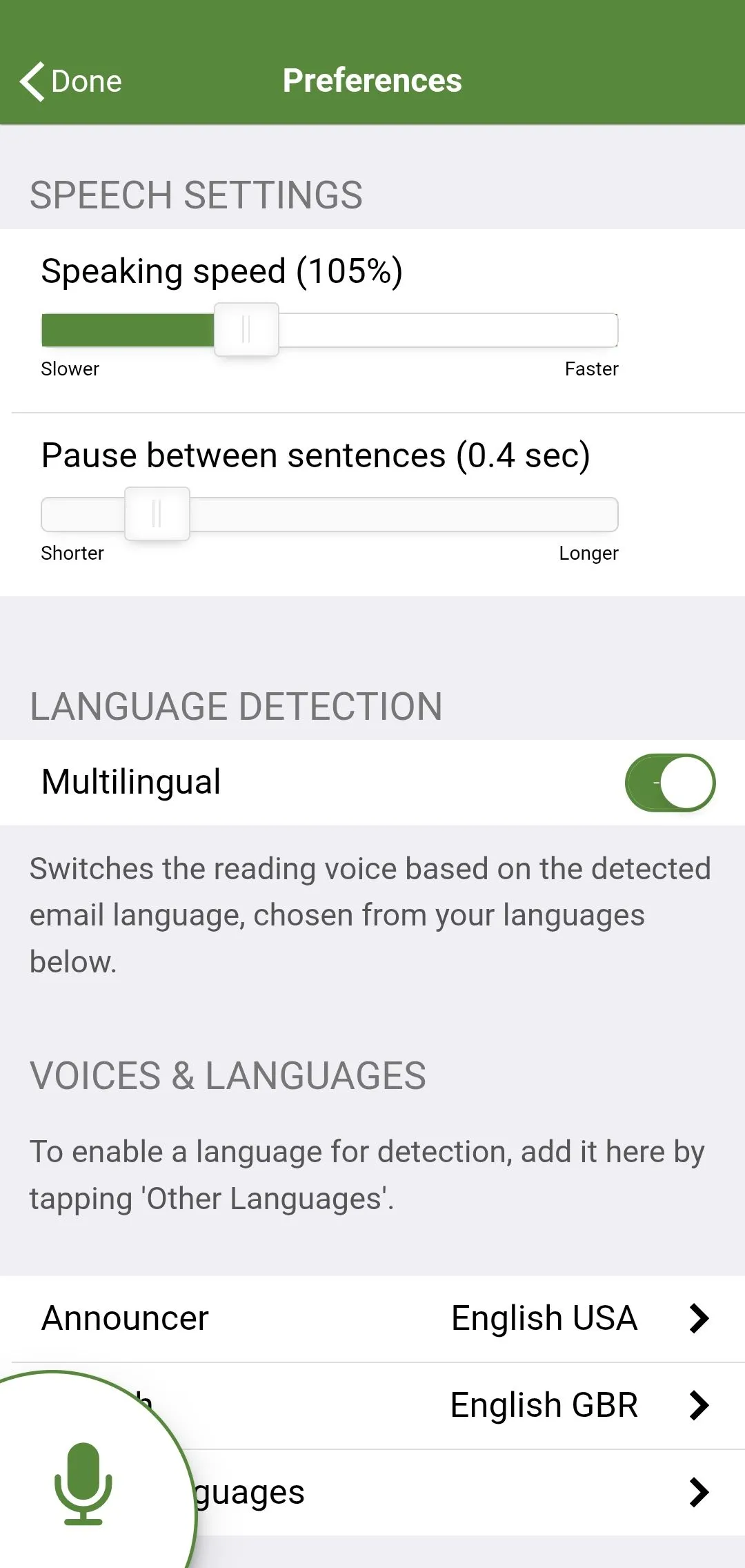 Cài đặt điều chỉnh giọng đọc và tốc độ trong ứng dụng Speaking Email