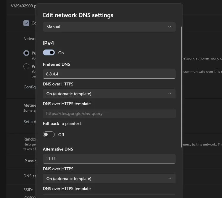 Cài đặt DNS thủ công trên Windows 11, hiển thị tùy chọn Preferred DNS và Alternate DNS