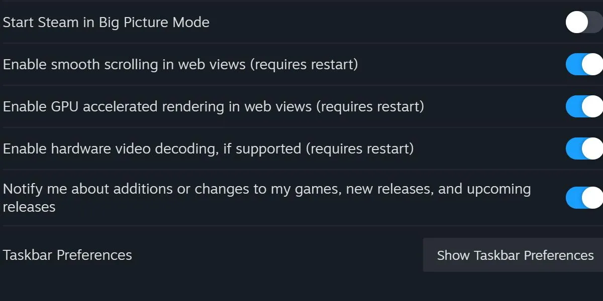 Cài đặt giao diện Steam để tắt tăng tốc GPU cho trình duyệt web