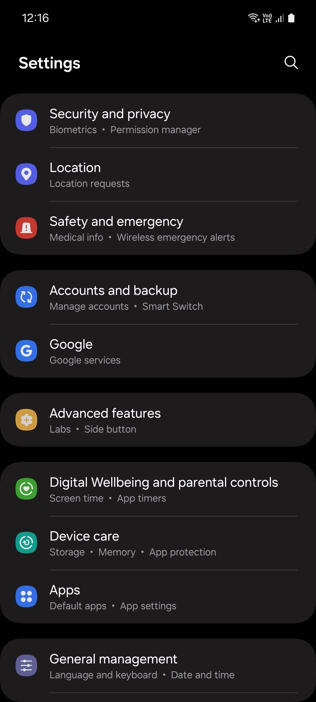 Cài đặt hệ thống Samsung One UI, hiển thị tùy chọn Chăm sóc thiết bị
