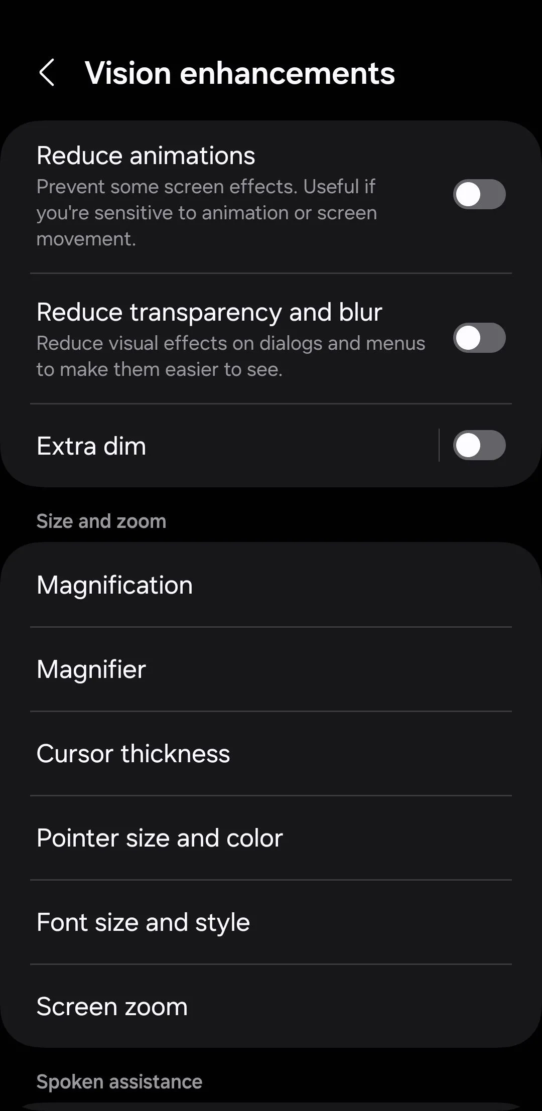 Cài đặt làm mờ màn hình trong menu cải thiện khả năng hiển thị của Android