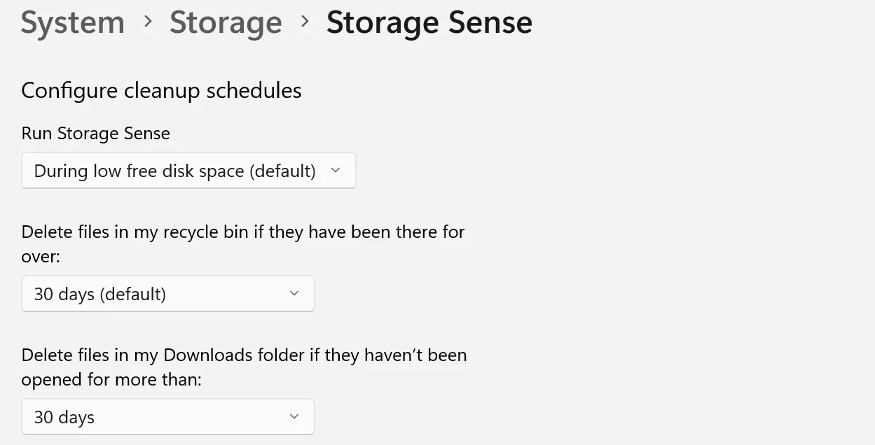 Cài đặt lịch dọn dẹp và tối ưu dung lượng ổ đĩa với Storage Sense trên Windows.