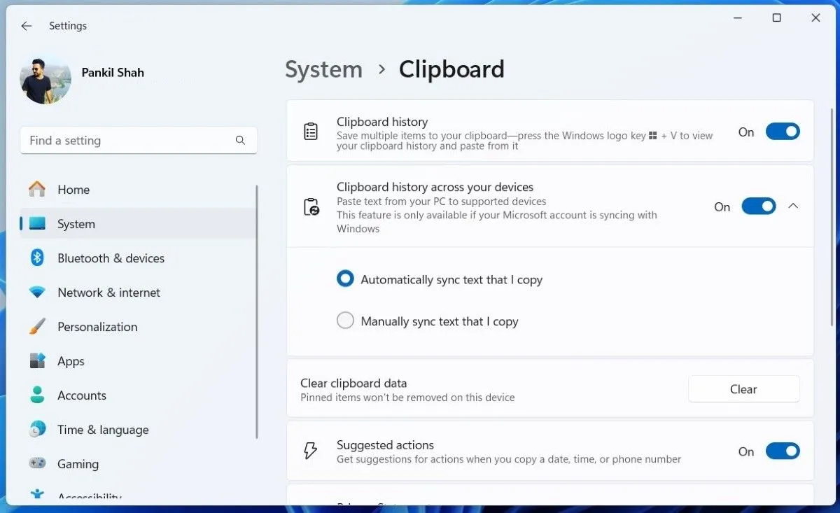 Cài đặt lịch sử Clipboard trong ứng dụng Cài đặt Windows 11 cho phép đồng bộ trên các thiết bị
