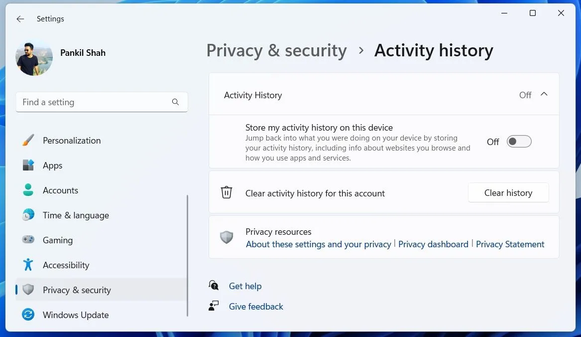 Cài đặt Lịch sử hoạt động trong Windows 11