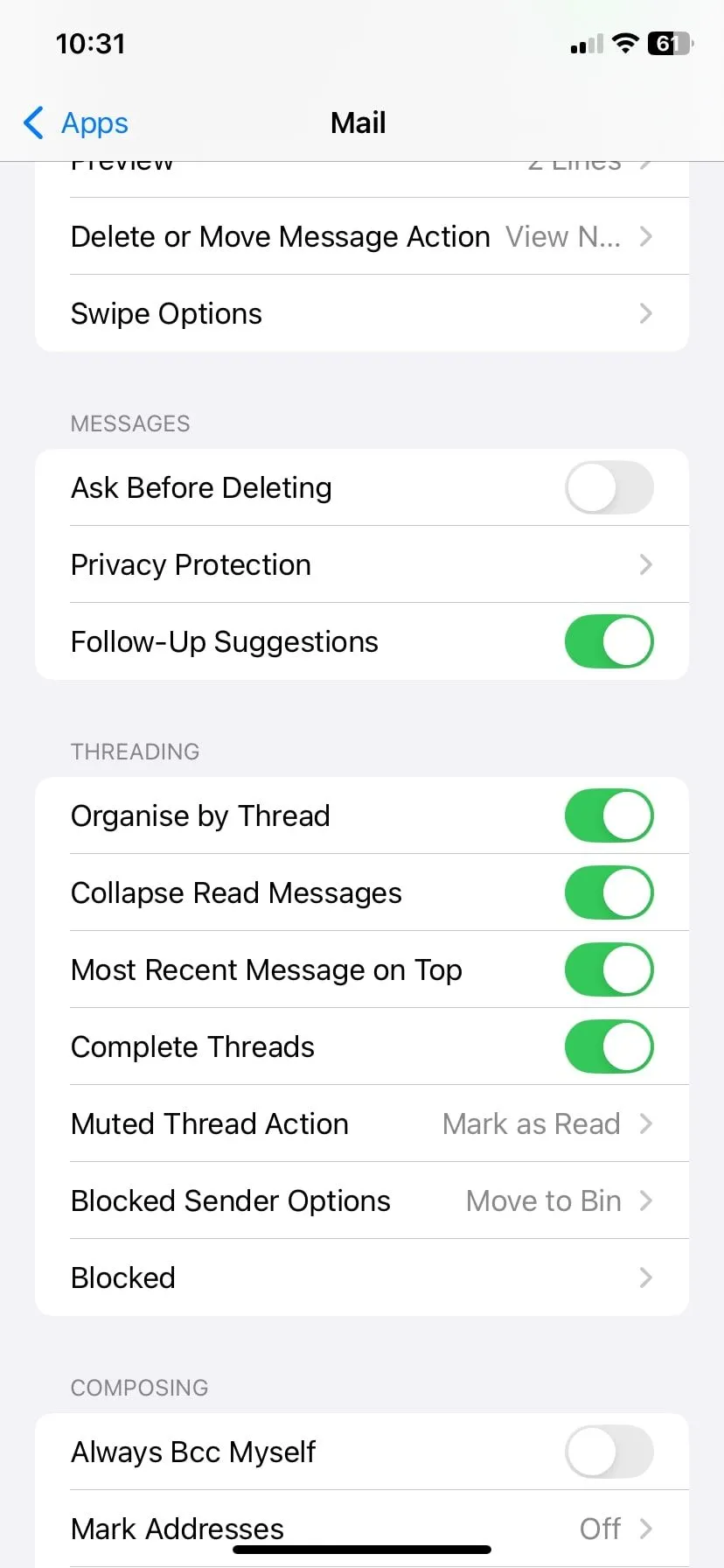 Cài đặt Mail của Apple trên iPhone hiển thị tùy chọn bảo vệ quyền riêng tư email