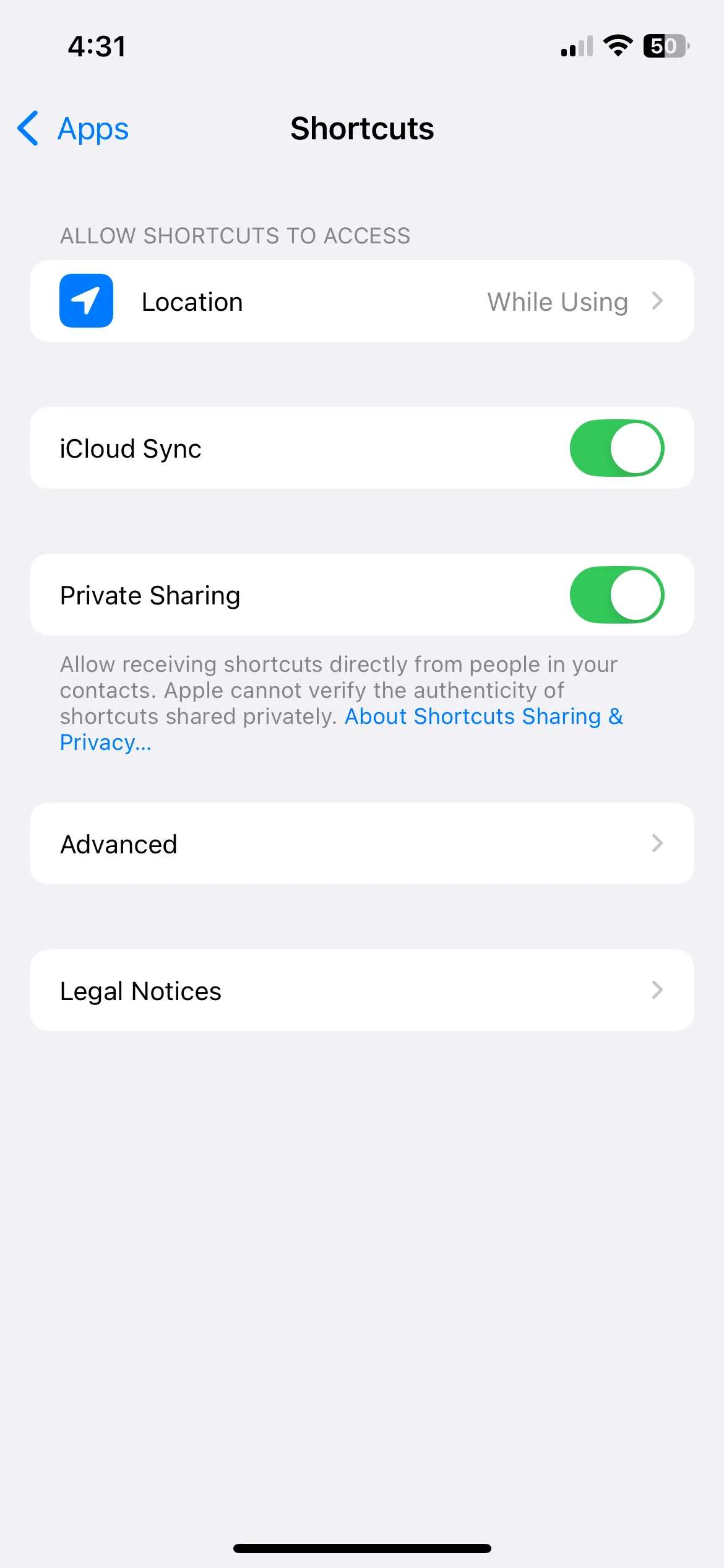Cài đặt nâng cao của ứng dụng Phím tắt trên iPhone để cấp quyền xóa dữ liệu
