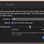 Cài đặt Night Shift trên màn hình Mac, giao diện điều khiển chế độ lọc ánh sáng xanh