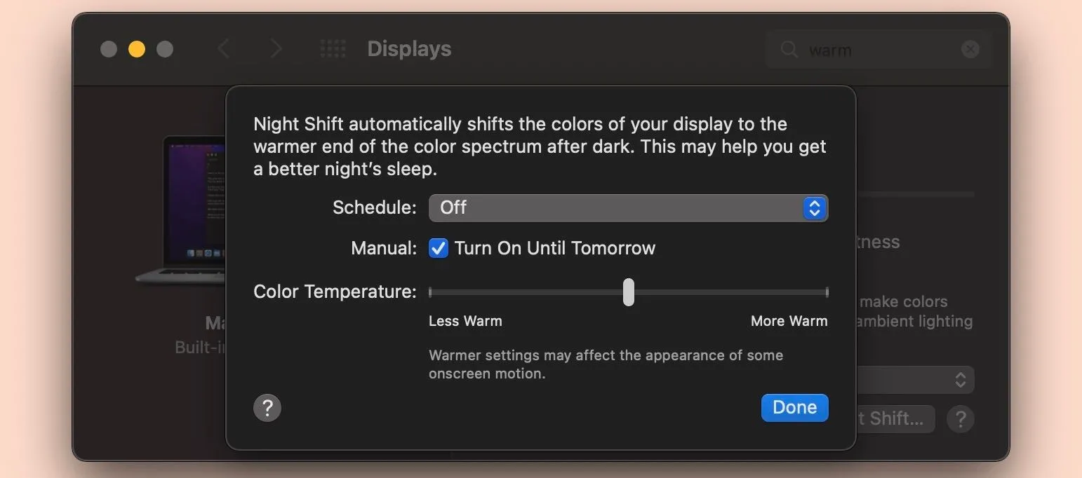Cài đặt Night Shift trên màn hình Mac, giao diện điều khiển chế độ lọc ánh sáng xanh