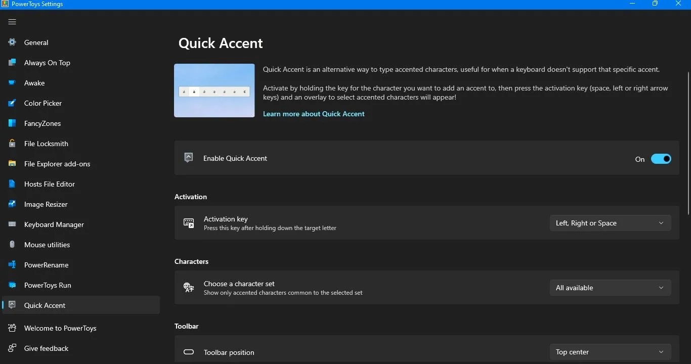 Cài đặt Quick Accent trong PowerToys hiển thị các tùy chọn cấu hình tính năng gõ dấu.