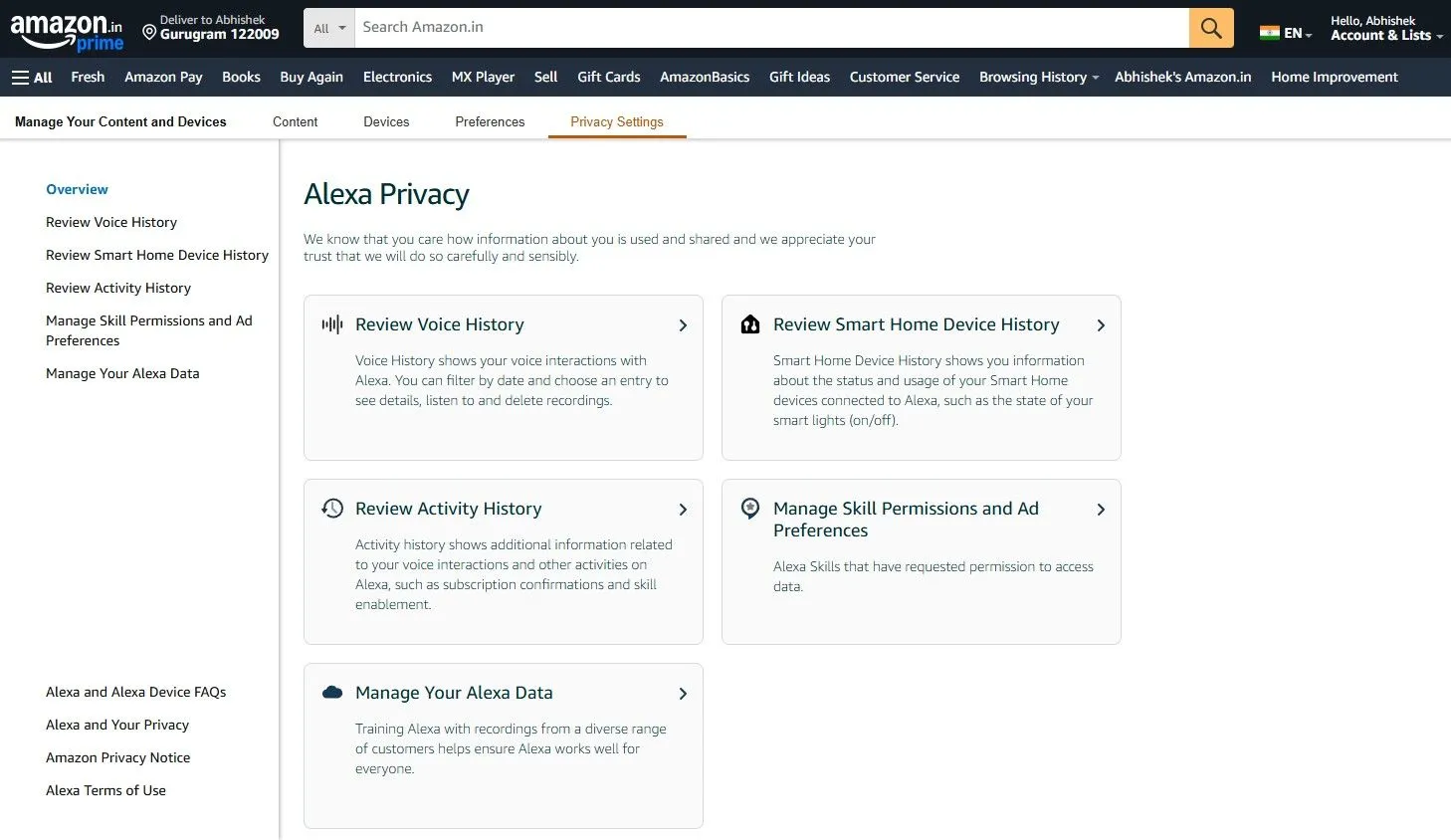 Cài đặt quyền riêng tư và lịch sử giọng nói Alexa trên trang web Amazon