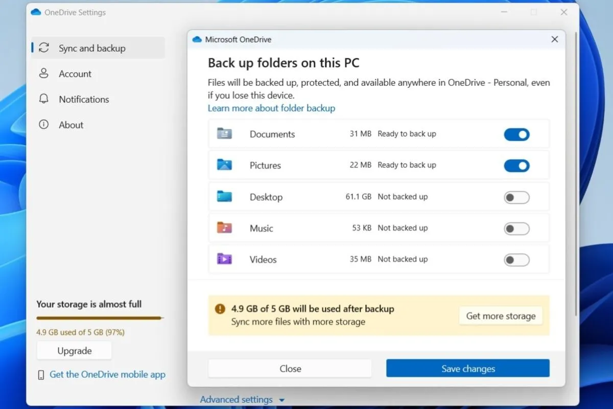 Cài đặt sao lưu OneDrive trên Windows 11