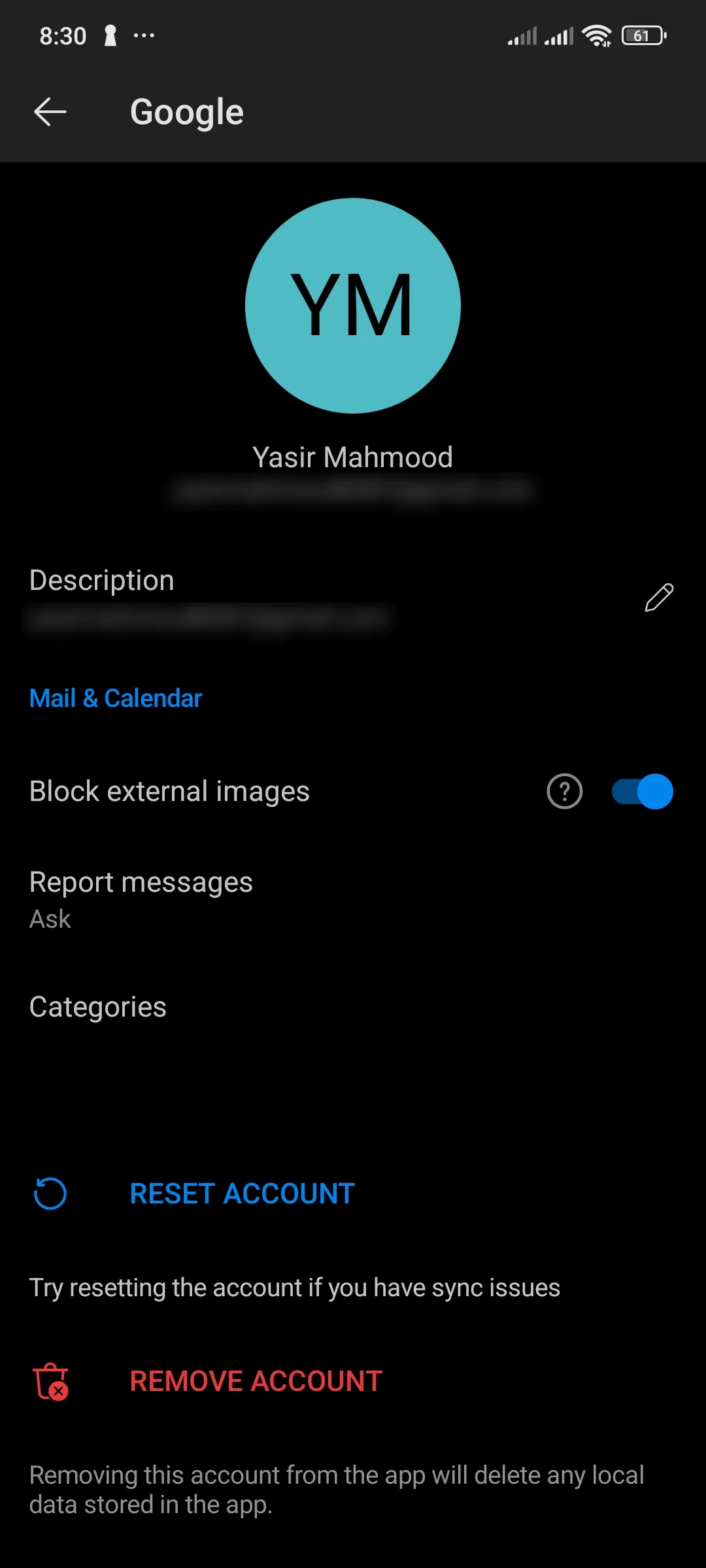 Cài đặt tài khoản Outlook trên ứng dụng Android, với tùy chọn 'Chặn hình ảnh bên ngoài' đã được bật.