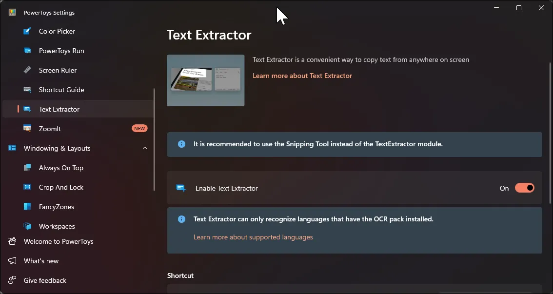 Cài đặt Text Extractor của PowerToys với các tùy chọn cấu hình công cụ.