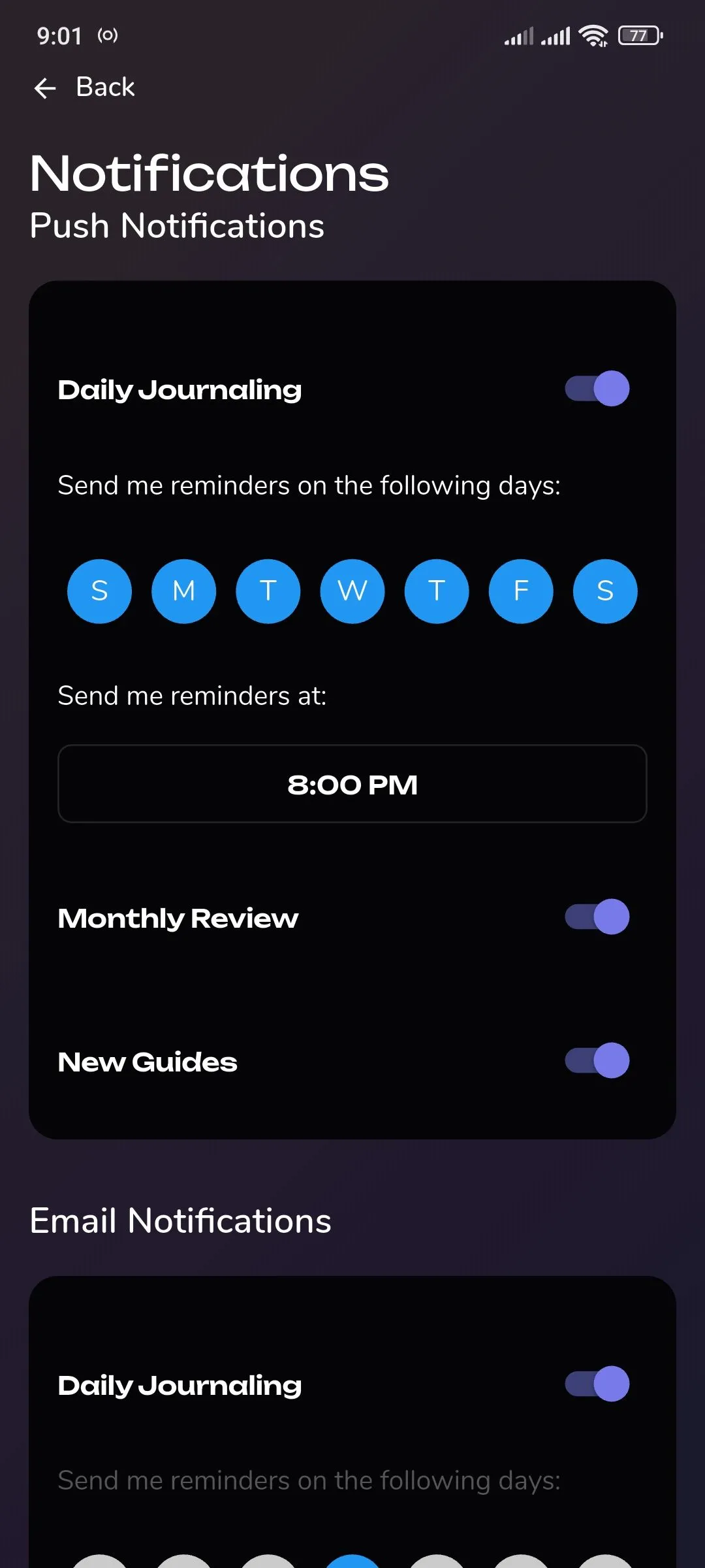 Cài đặt thông báo của ứng dụng Reflection.app, cho phép tùy chỉnh nhắc nhở ghi nhật ký.