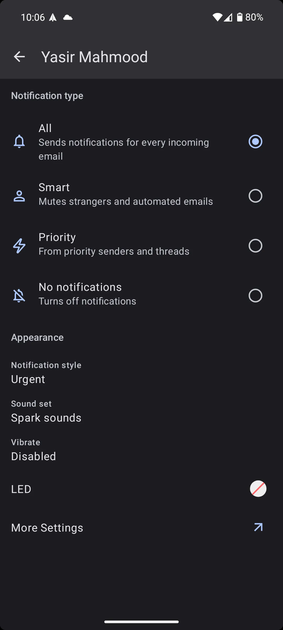 Cài đặt thông báo thông minh trong Spark Mail Android, giúp người dùng chỉ nhận thông báo về những email quan trọng.