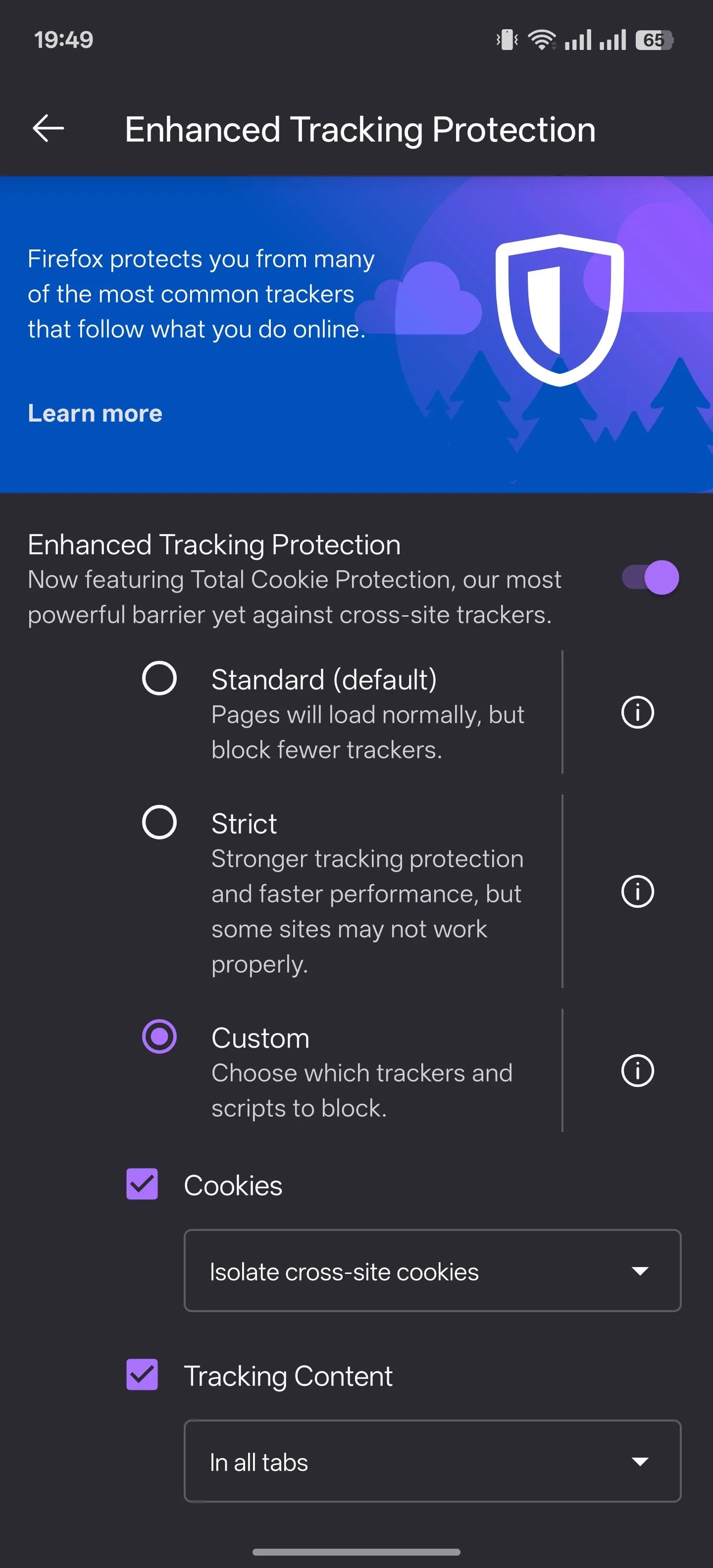 Cài đặt tính năng Bảo vệ chống theo dõi nâng cao trong Firefox cho Android.