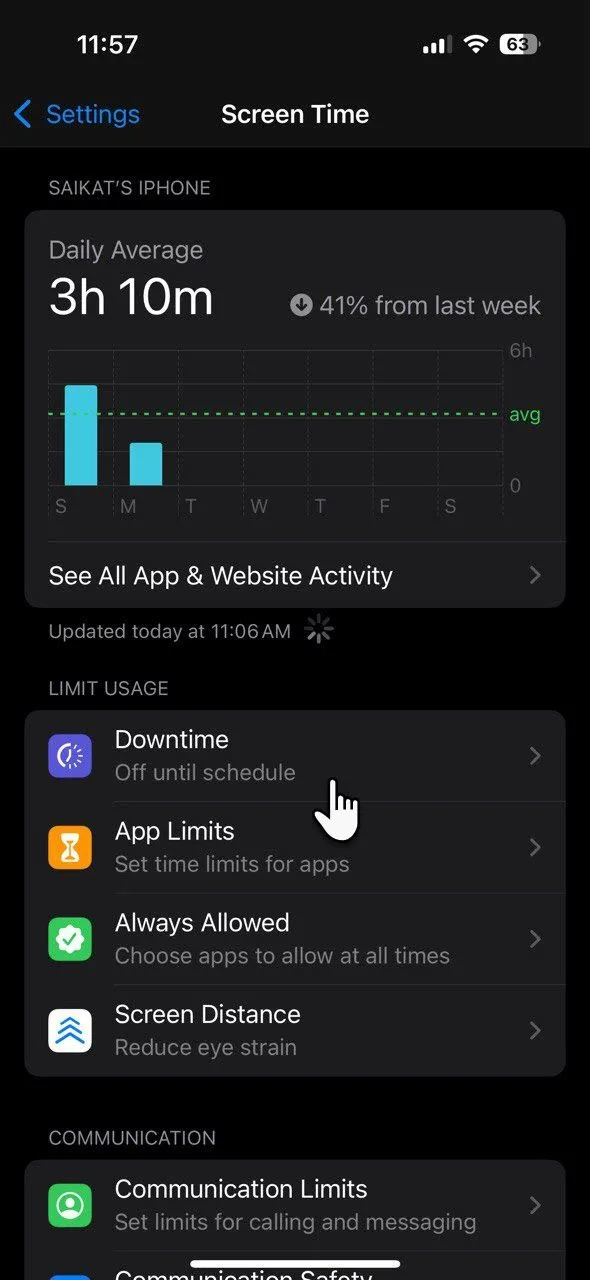 Cài đặt tính năng Thời gian nghỉ (Downtime) trong cài đặt Screen Time của iPhone