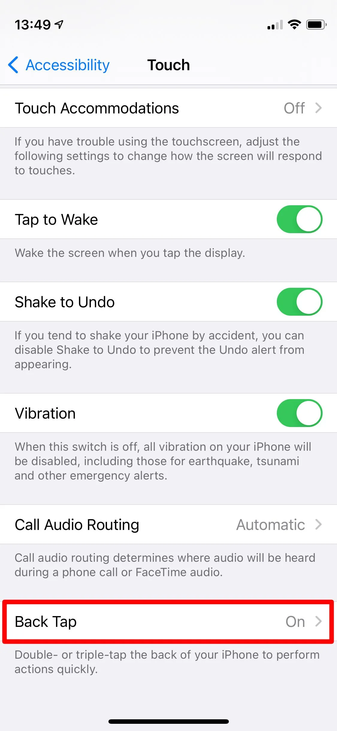 Cài đặt trợ năng cảm ứng iPhone với tùy chọn Chạm mặt lưng (Back Tap) để chụp ảnh màn hình.