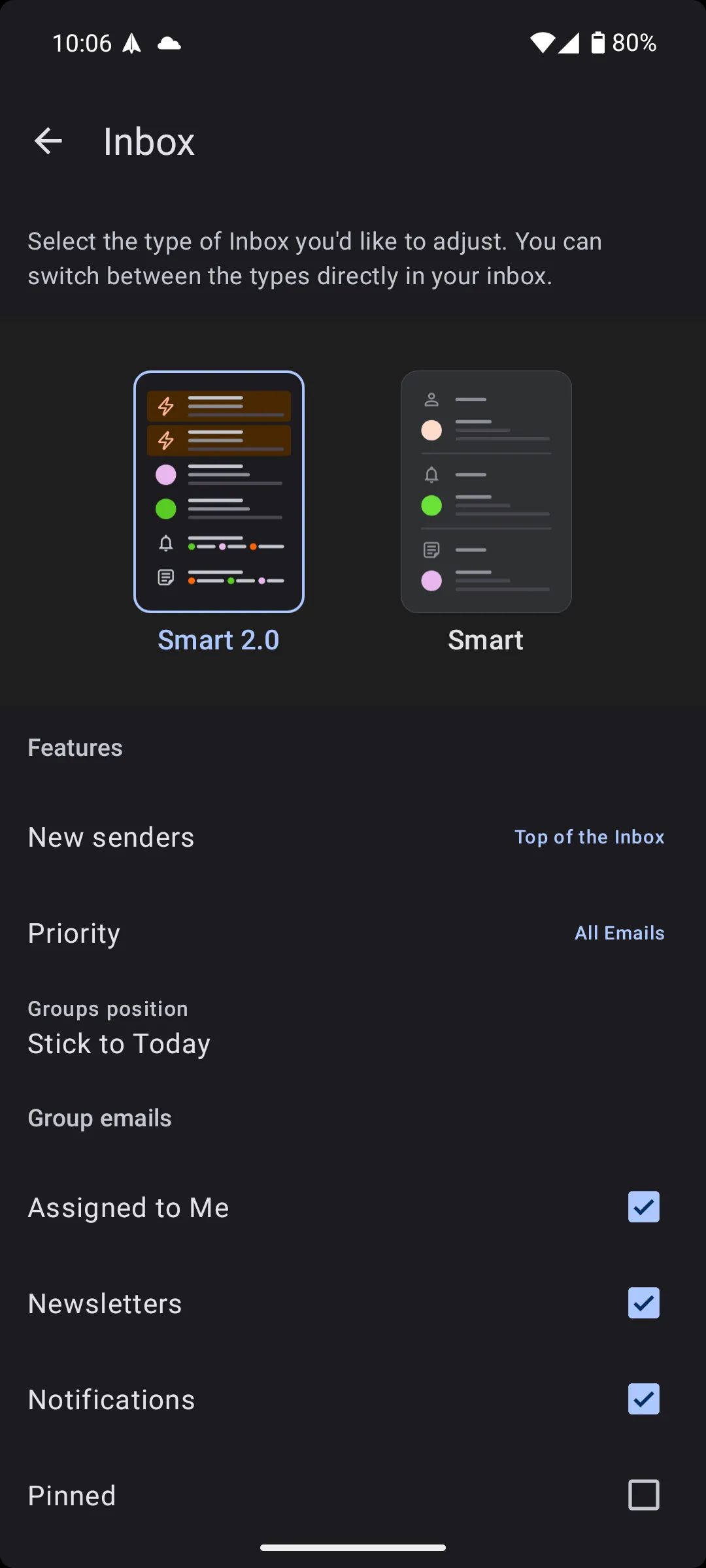 Cài đặt tùy chỉnh cho chế độ xem Smart 2.0 của hộp thư thông minh Spark Mail, tối ưu hóa sự tập trung cho người dùng.