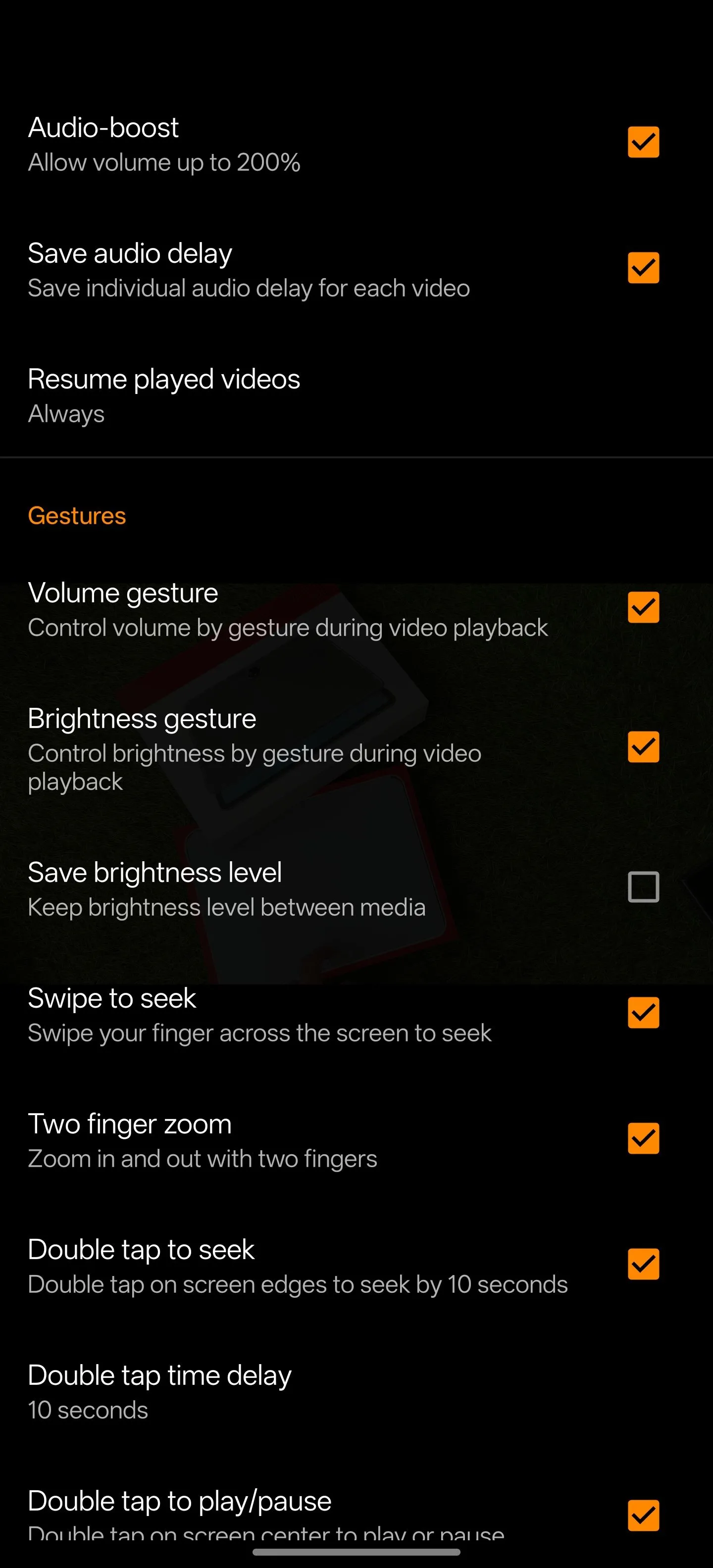 Cài đặt tùy chỉnh trong ứng dụng VLC cho Android.