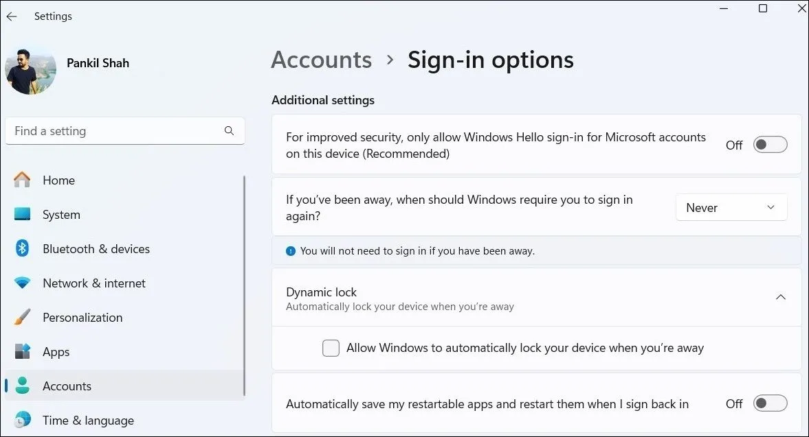 Cài đặt tùy chọn đăng nhập để cấu hình Dynamic Lock và Windows Hello trên Windows 11