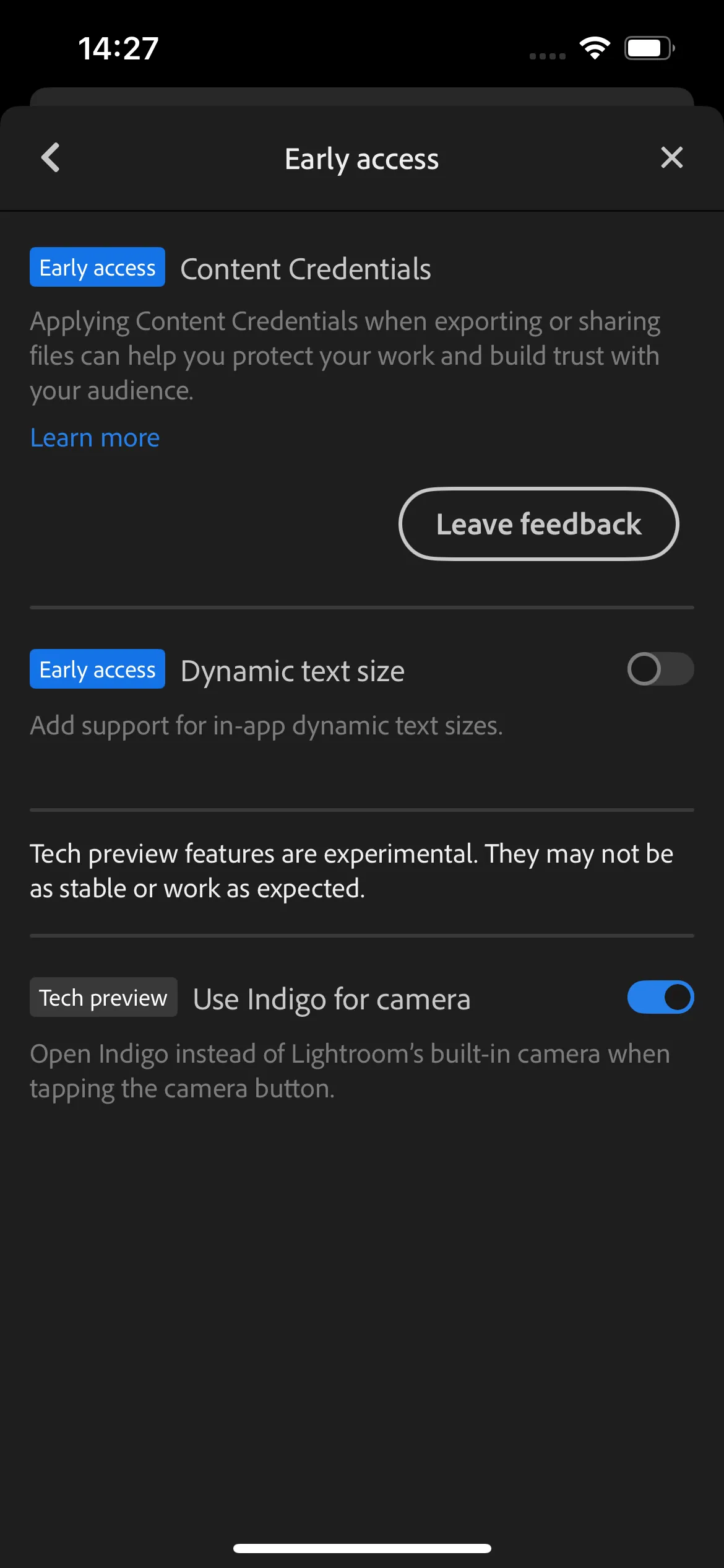 Cài đặt ứng dụng Adobe Lightroom Mobile với tùy chọn kích hoạt truy cập sớm Project Indigo