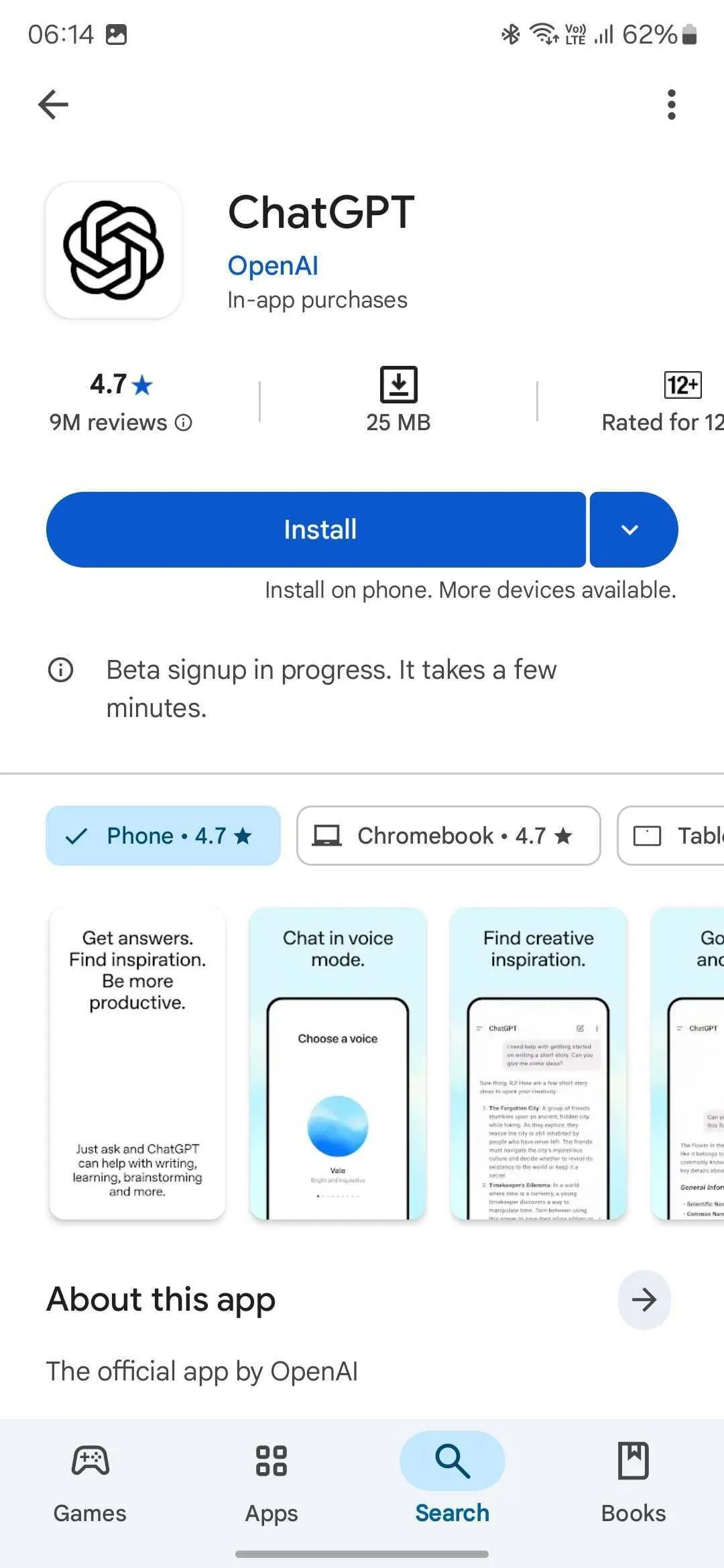 Cài đặt ứng dụng ChatGPT beta cho Android từ cửa hàng Google Play