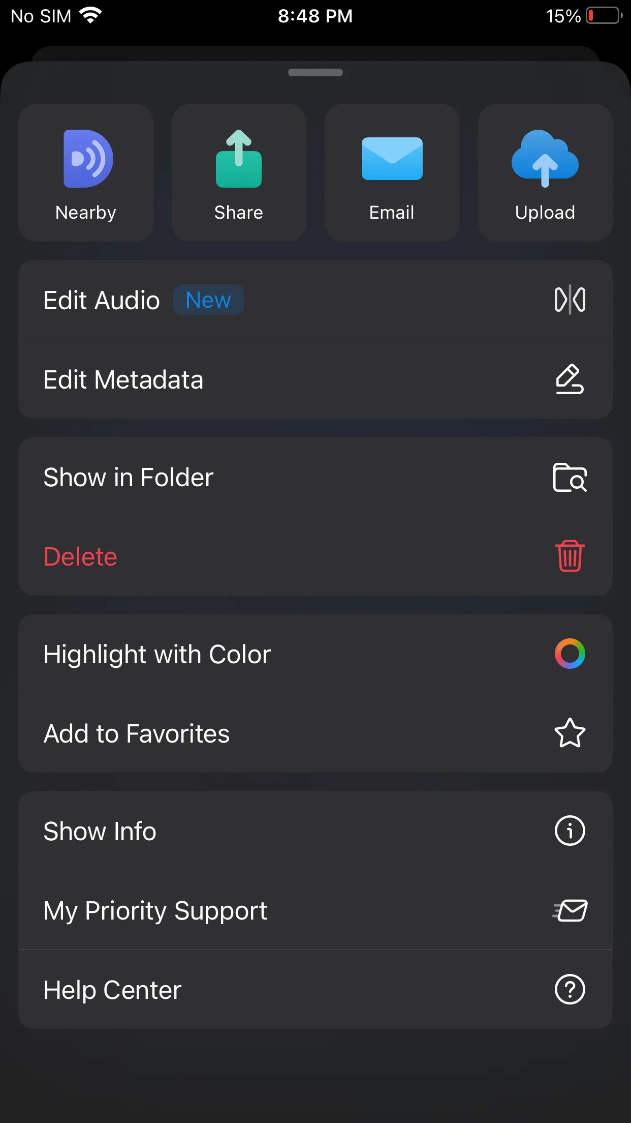 Cài đặt và menu tùy chỉnh của trình phát âm thanh trong Documents trên iPhone, bao gồm các tùy chọn nâng cao