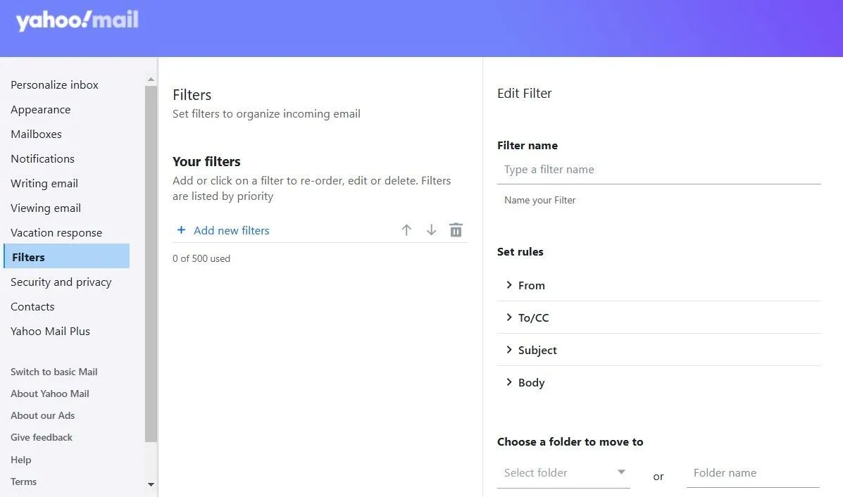 Cài đặt và tùy chọn bộ lọc email trong Yahoo Mail để quản lý thư