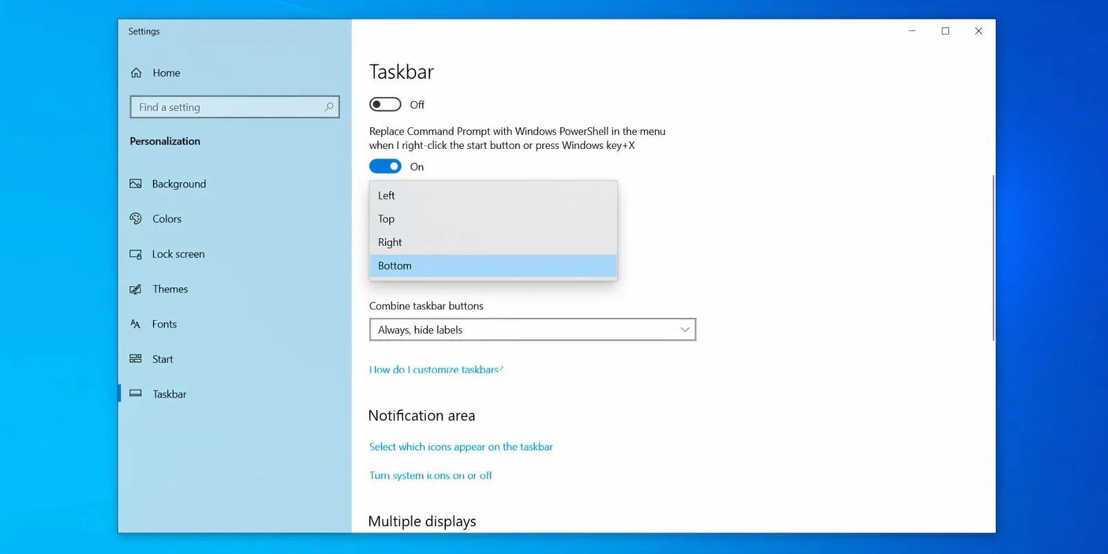 Cài đặt vị trí thanh Taskbar trong ứng dụng Cài đặt Windows 10