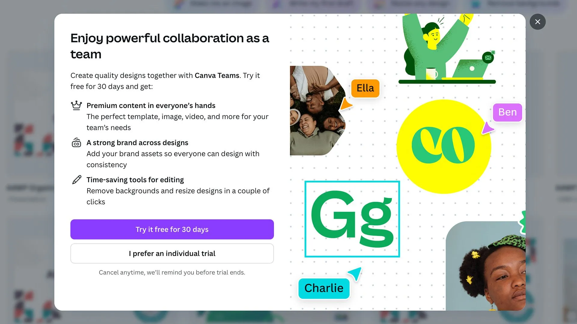 Canva popup mời dùng thử Canva Pro miễn phí