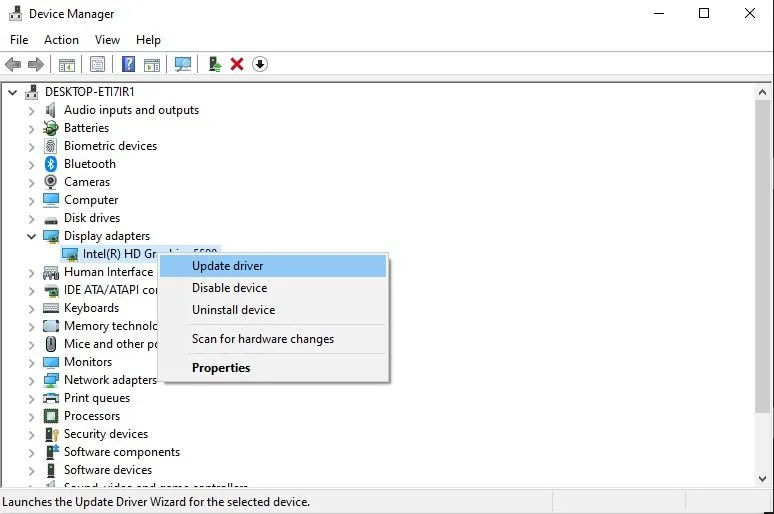 Cập nhật driver đồ họa thông qua Device Manager