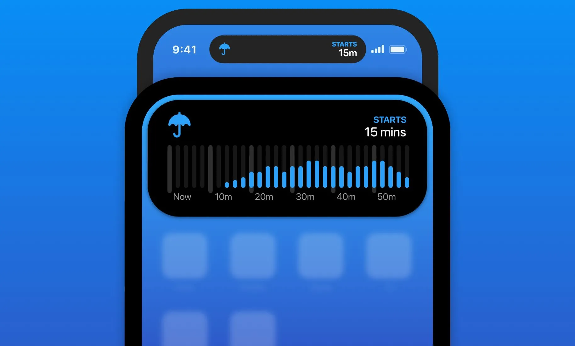 Carrot Weather hiển thị dự báo mưa trên Dynamic Island của iPhone, cập nhật thời tiết tức thì.