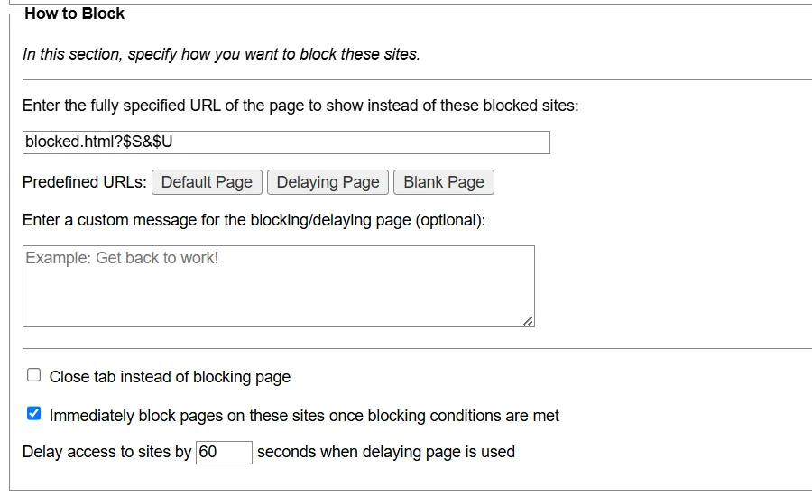 Cấu hình cách thức chặn trang web trong LeechBlock NG để ngăn truy cập