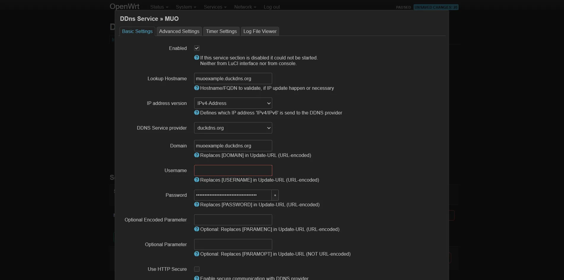 Cấu hình dịch vụ Dynamic DNS trên router OpenWrt với thông tin chi tiết về DuckDNS subdomain và API token