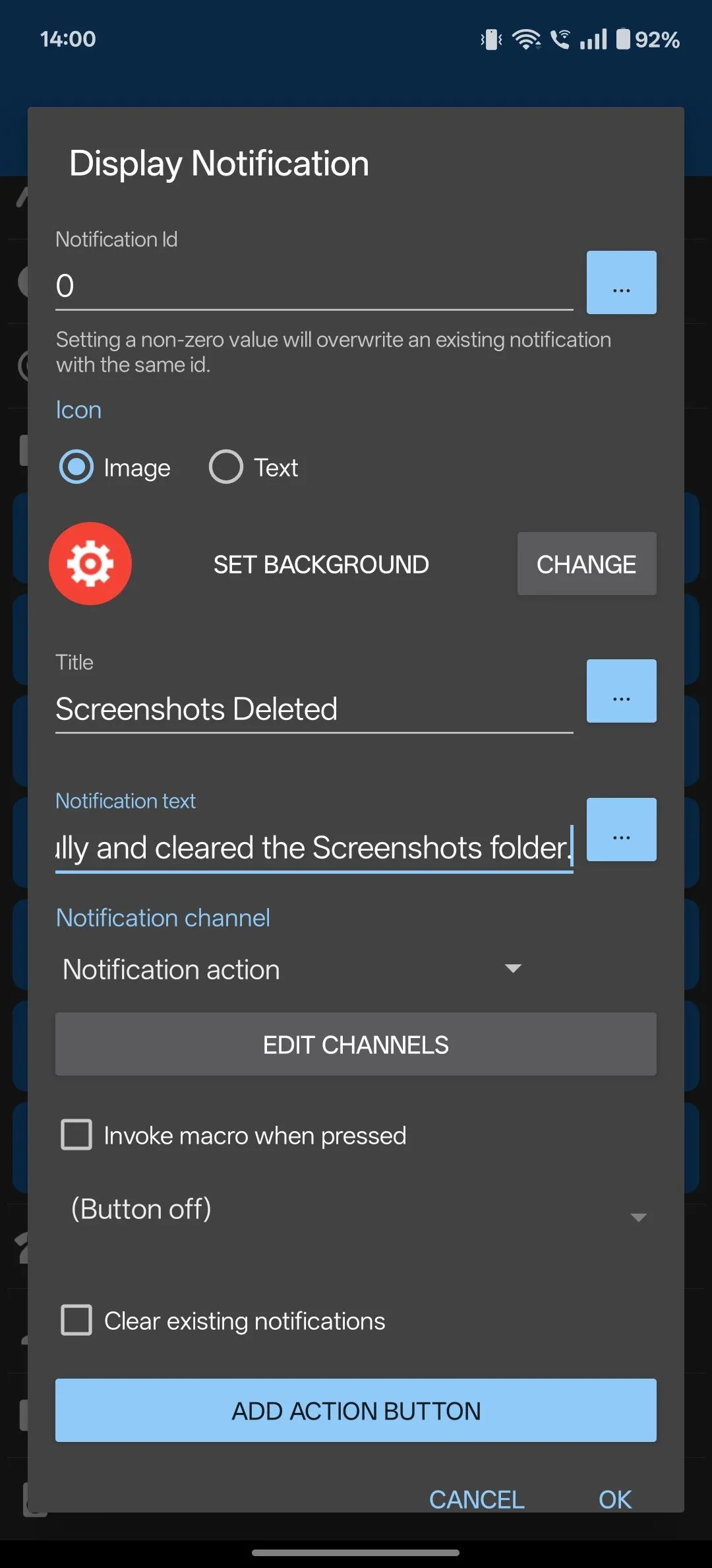 Cấu hình hành động Hiển thị Thông báo (Display Notification) cho macro xóa ảnh trong MacroDroid.