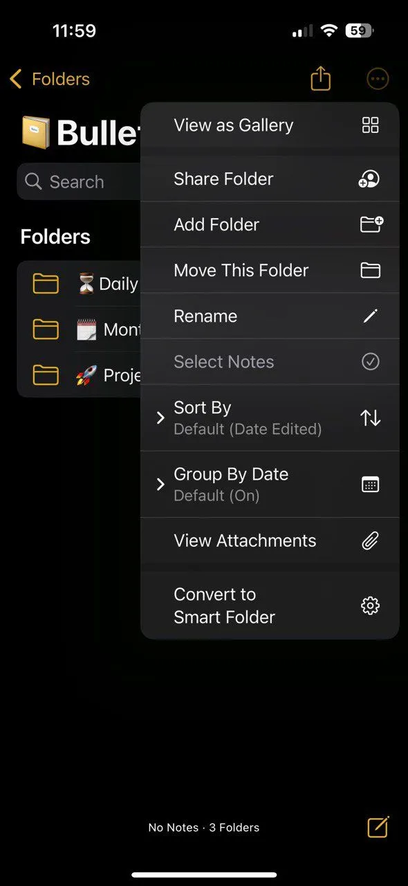 Cấu trúc tổ chức ghi chú nhật ký trong Apple Notes
