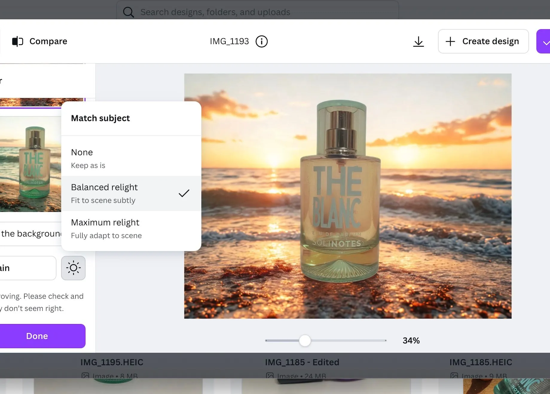 Chai nước hoa trên nền biển sau khi áp dụng Relight của Canva, ánh sáng đã hòa quyện tự nhiên