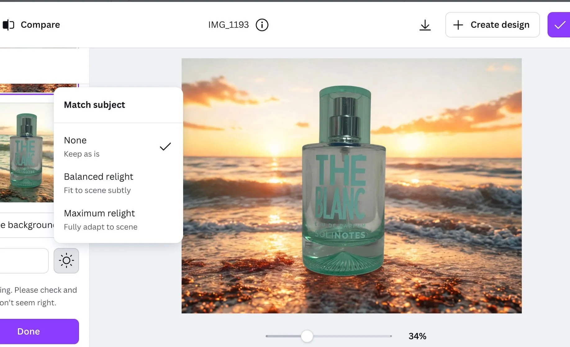 Chai nước hoa trên nền biển với ánh sáng chưa hòa quyện hoàn hảo trước khi dùng Relight Canva