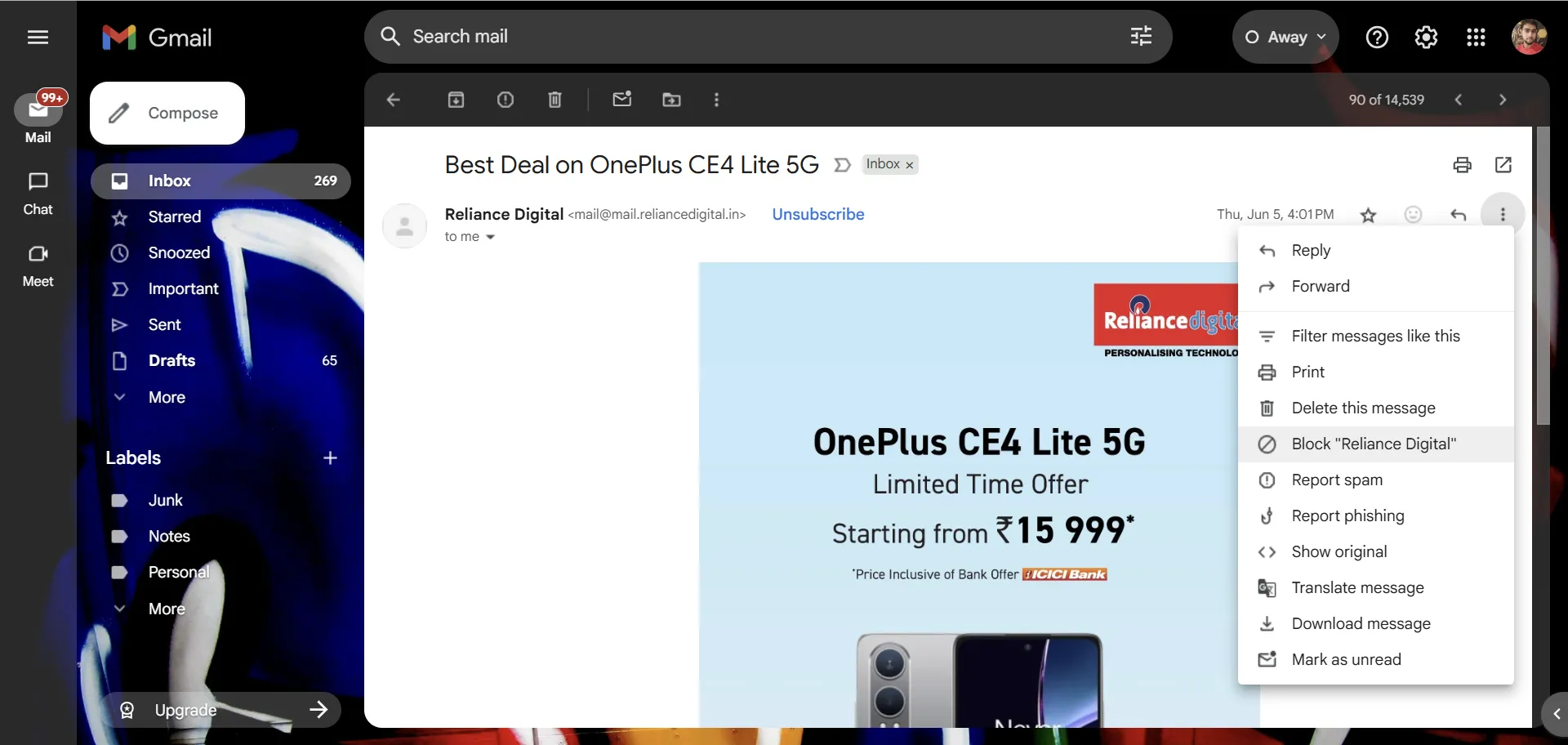 Chặn người gửi và báo cáo email lừa đảo trong Gmail qua menu ba chấm để bảo vệ hộp thư