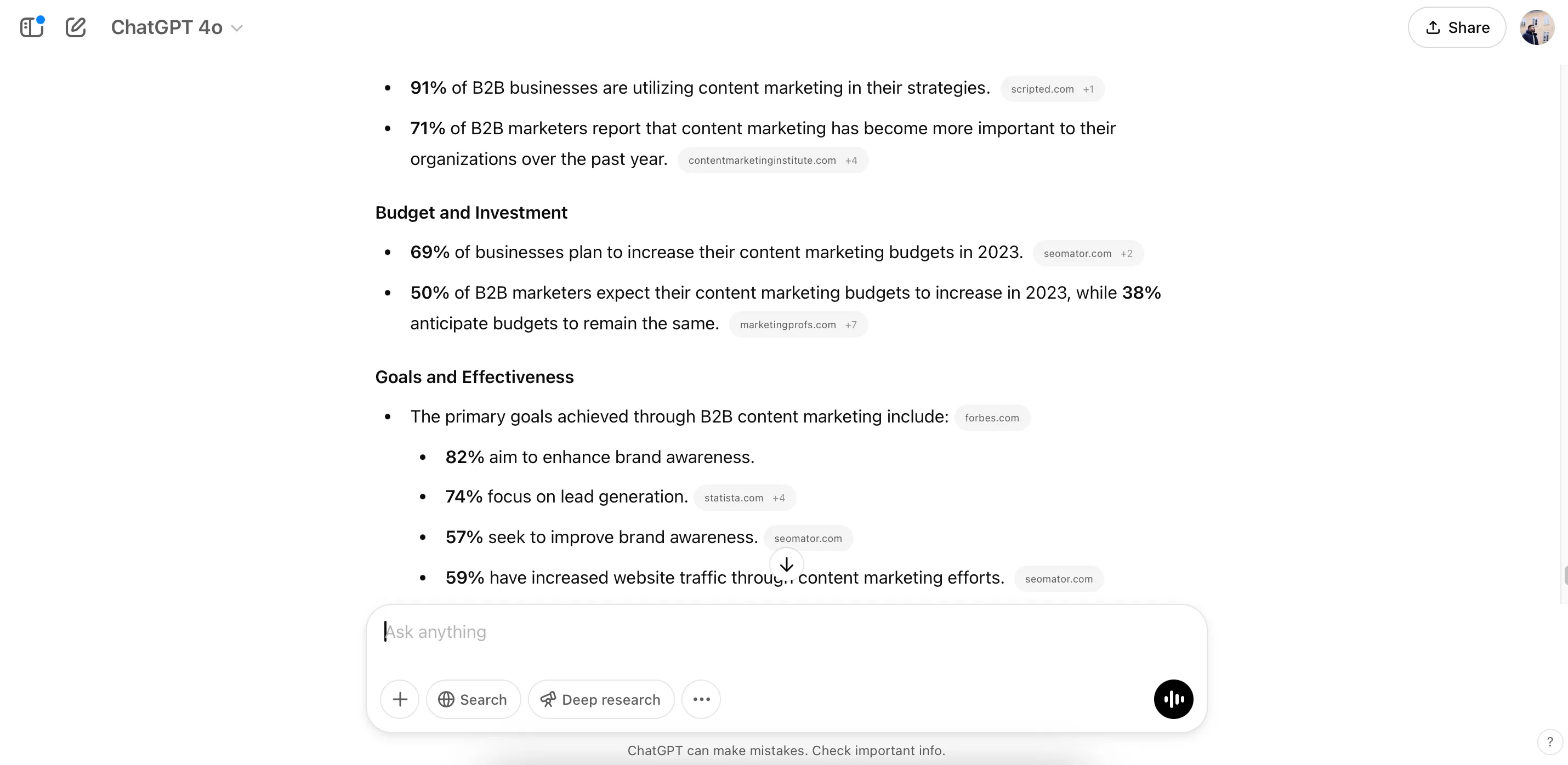 ChatGPT Deep Research hiển thị danh sách thống kê marketing nội dung.