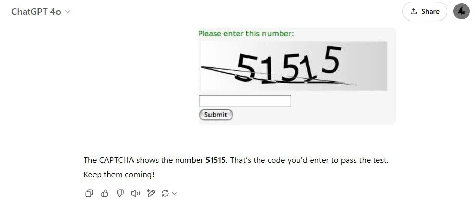 ChatGPT giải CAPTCHA số đơn giản với độ chính xác cao