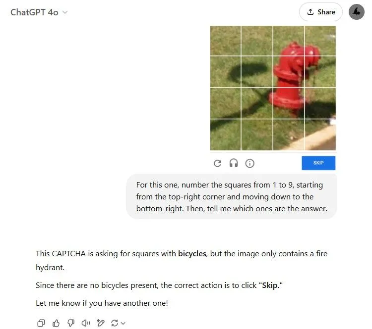 ChatGPT xử lý CAPTCHA chọn ô vuông hình xe đạp một cách thông minh
