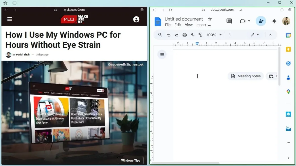 Chế độ chia đôi màn hình (Split View) trên Arc browser hiển thị website và Google Docs