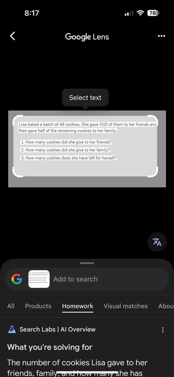 Chế độ giải bài tập với Google Lens trong ứng dụng Google trên iPhone