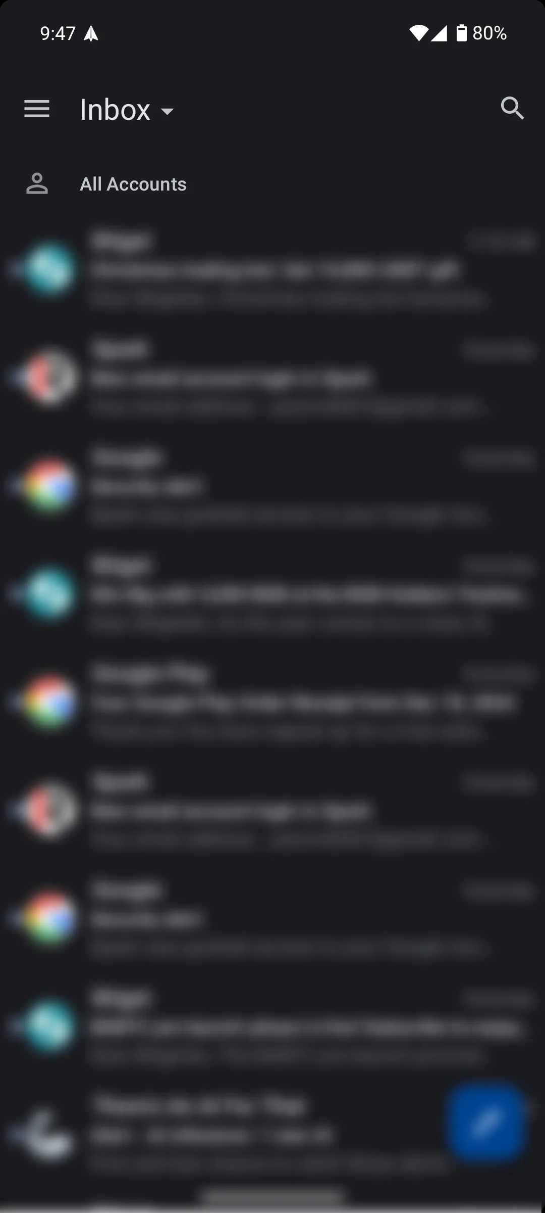 Chế độ xem Classic của hộp thư đến Spark Mail Android, hiển thị email theo thứ tự thời gian truyền thống.